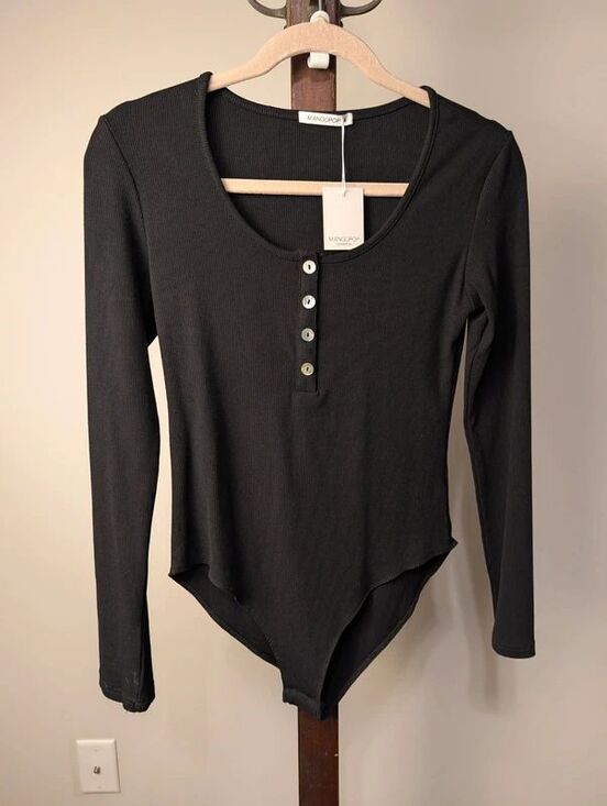 Mango Tops - NWT MangoPop Black Ribbed Long Sleeve Henley Bodysuit M